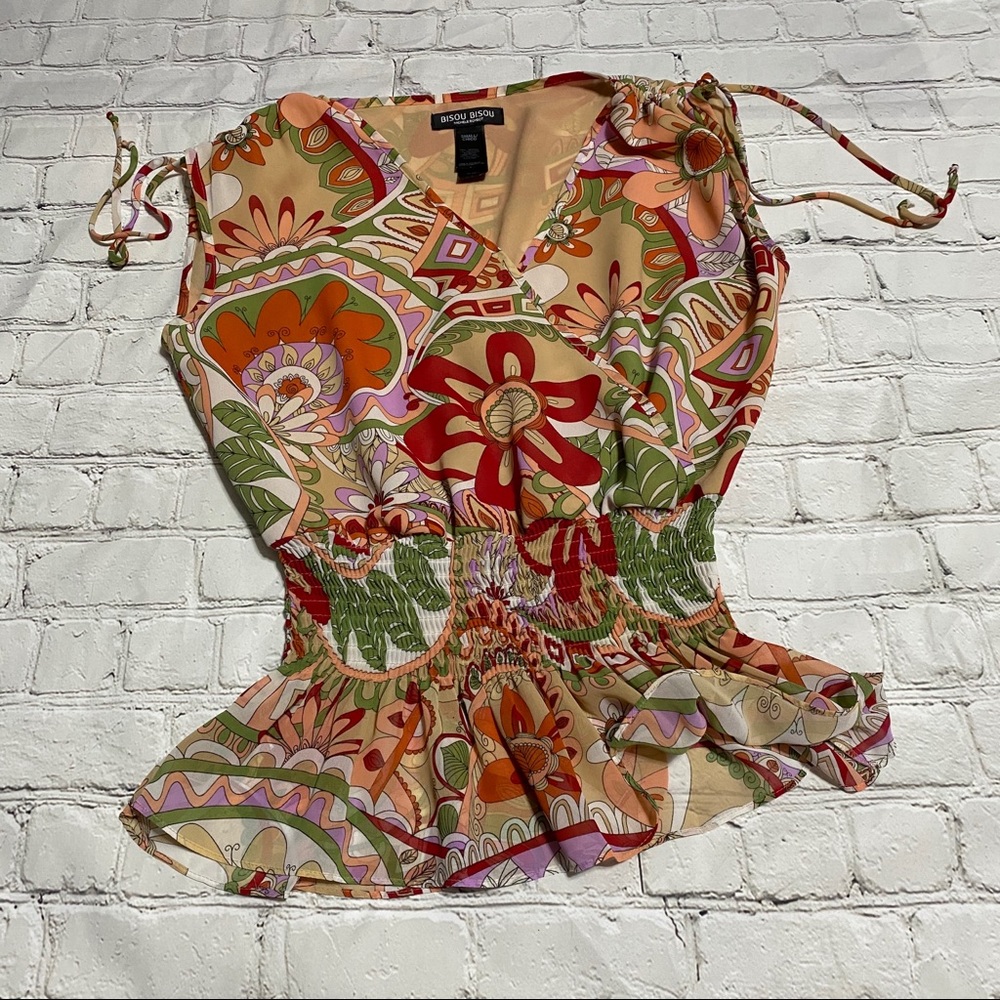 Bisou Bisou Peplum Sleeveless Blouse Floral Print